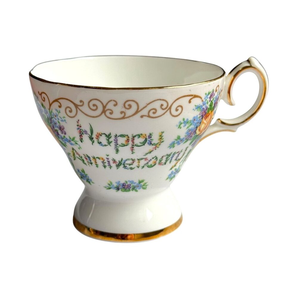 Vintage Schmid Musical Teacup Wind‎ Up Music Box Happy Anniversary Gift Floral